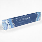 Elegant Blue Geode Silver Glitzer Agate Monogram Namensplakette