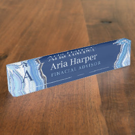 Elegant Blue Geode Silver Glitzer Agate Monogram Namensplakette