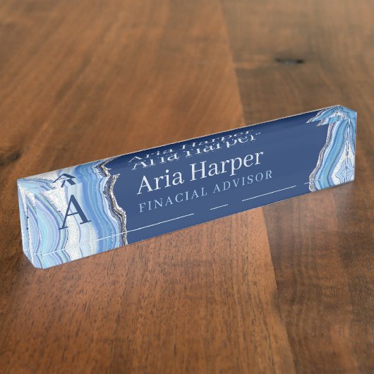 Elegant Blue Geode Silver Glitzer Agate Monogram Namensplakette (Seite)