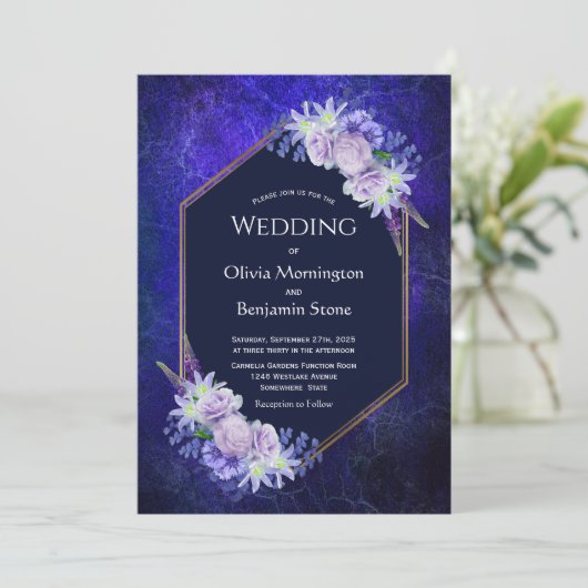 Elegant Blue Geometric Floral Wedding Einladung (Stehend Vorderseite)