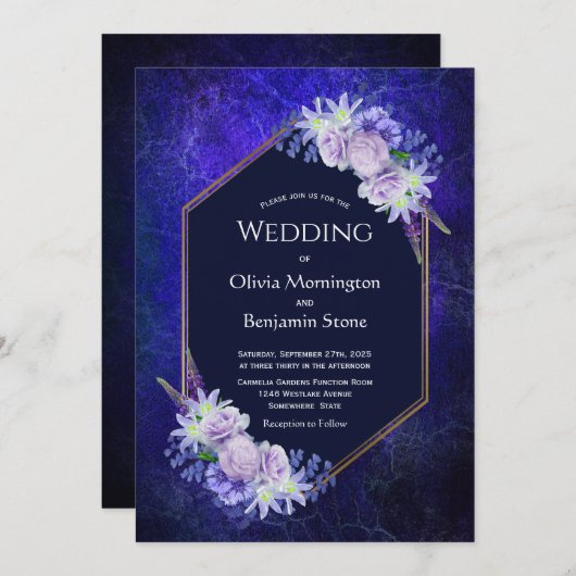 Elegant Blue Geometric Floral Wedding Einladung (Vorne/Hinten)