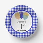 Elegant Blue Gingham & Balloons 1. Geburtstag Pappteller (Vorderseite)