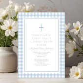 Elegant Blue Gingham Boy First Communion Einladung