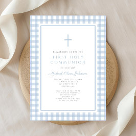 Elegant Blue Gingham Boy First Communion Einladung