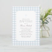 Elegant Blue Gingham Cross Boy Baptism Einladung (Stehend Vorderseite)