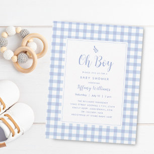 Elegant Blue Gingham Kariert Niedlich Oh Boy Baby Einladung