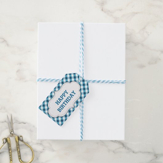 Elegant Blue Gingham Pattern Personalisiert Geburt Geschenkanhänger (Mit Garn)