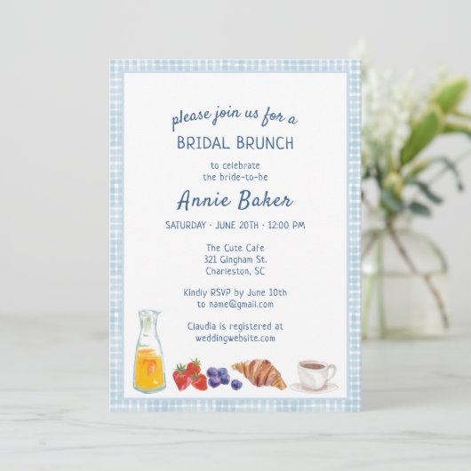Elegant Blue Gingham Picnic Brunch Brautparty Einladung (Stehend Vorderseite)