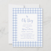 Elegant Blue Gingham Plaid Cute Oh Boy Baby Shower Einladung (Vorderseite)