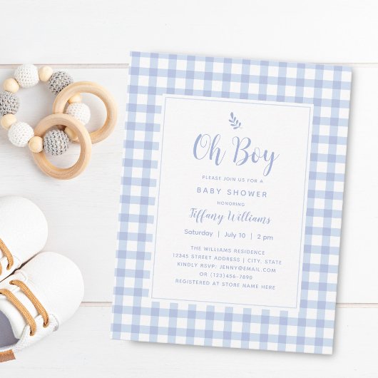 Elegant Blue Gingham Plaid Cute Oh Boy Baby Shower Einladung