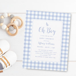 Elegant Blue Gingham Plaid Cute Oh Boy Baby Shower Einladung