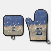 Elegant Blue Glitzer Bokeh Monogram Ofenhandschuh & Topflappen-Set (Vorderseite)
