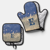 Elegant Blue Glitzer Bokeh Monogram Ofenhandschuh & Topflappen-Set (Vorderseite/Rückseite)