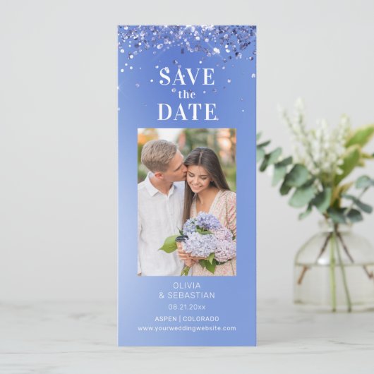 Elegant Blue Glitzer Foto Hochzeit speichern das D Save The Date (Stehend Vorderseite)