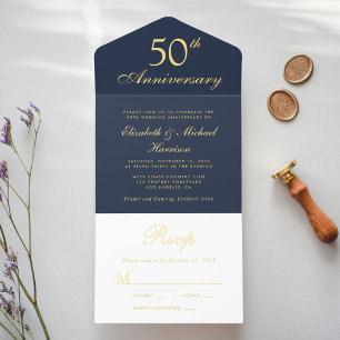 Elegant Blue Gold 50. Hochzeitstag All-in-One-Einladung