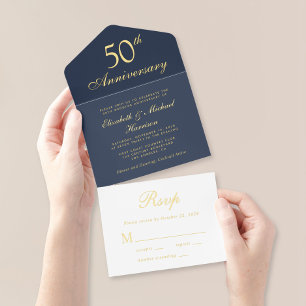 Elegant Blue Gold 50. Hochzeitstag All-in-One-Einladung