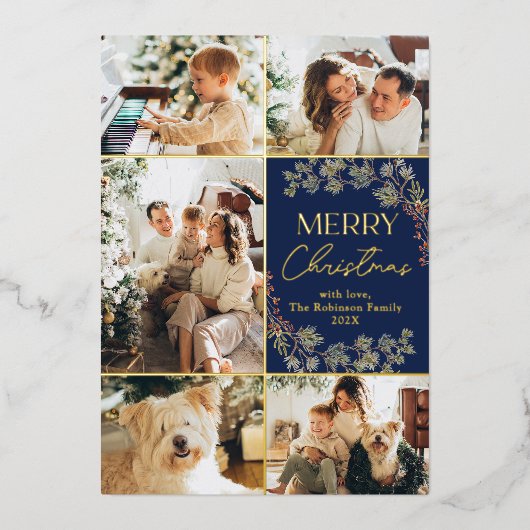 Elegant Blue Gold 5 Foto Frohe Weihnachtskarte Folieneinladung (Vorderseite)