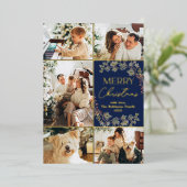 Elegant Blue Gold 5 Foto Frohe Weihnachtskarte Folieneinladung (Stehend vorne)