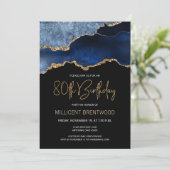 Elegant Blue Gold Agate 80. Geburtstag Einladung (Stehend Vorderseite)