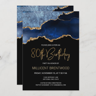 Elegant Blue Gold Agate 80. Geburtstag Einladung