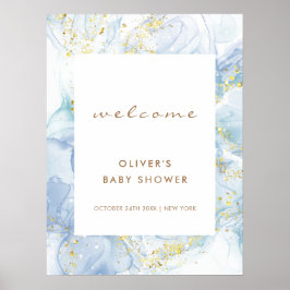 Elegant Blue Gold Agate Boy Baby Shower Willkommen Poster