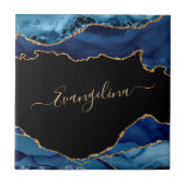 Elegant Blue Gold Agate Script Name Fliese (Vorderseite)