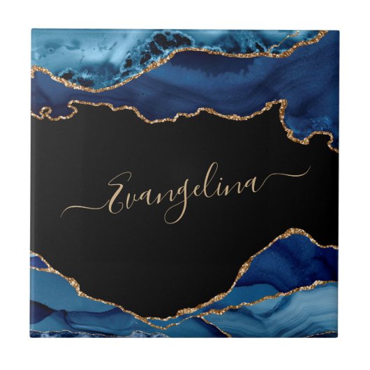 Elegant Blue Gold Agate Script Name Fliese (Vorderseite)