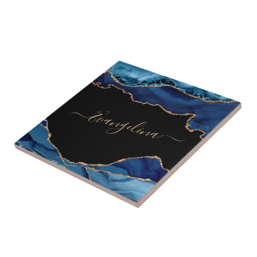 Elegant Blue Gold Agate Script Name Fliese (Seite)