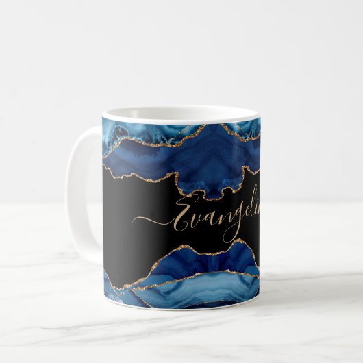 Elegant Blue Gold Agate Script Name Kaffeetasse (Vorderseite Links)