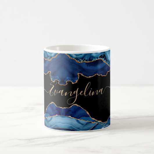 Elegant Blue Gold Agate Script Name Kaffeetasse (Mittel)