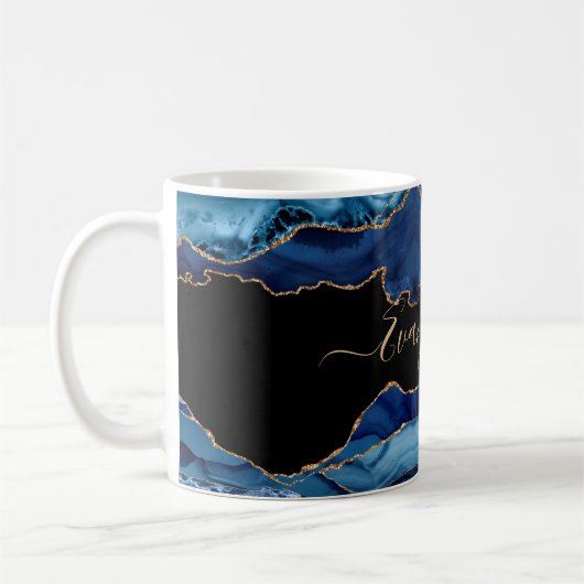 Elegant Blue Gold Agate Script Name Kaffeetasse (Links)