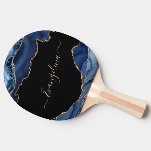 Elegant Blue Gold Agate Script Name Tischtennis Schläger (Seitenansicht)