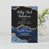 Elegant Blue Gold Agate Überraschung 50. Geburtsta Einladung (Stehend Vorderseite)