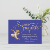 Elegant Blue Gold Angel Bless Taufe Christening Save The Date (Stehend Vorderseite)