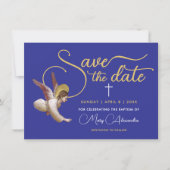 Elegant Blue Gold Angel Bless Taufe Christening Save The Date (Vorderseite)