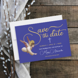 Elegant Blue Gold Angel Bless Taufe Christening Save The Date