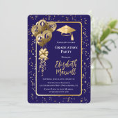 Elegant Blue Gold Balloons Graduation Party Einladung (Stehend Vorderseite)