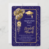 Elegant Blue Gold Balloons Graduation Party Einladung (Vorderseite)