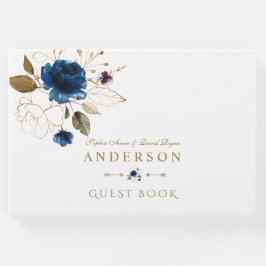 Elegant Blue Gold Blume Monogram Wedding Gästebuch
