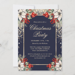 Elegant Blue Gold Botanical Christmas Party Einladung