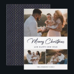 Elegant Blue Gold Calligraphy Foto Collage Feiertagskarte<br><div class="desc">Maßgeschneiderte,  blaue und goldene Foto-Urlaubskarte mit einer Foto-Collage vorne und einem Blau- und Goldmuster hinten. Diese elegante Foto-Urlaubskarte lässt sich einfach mit Ihren Fotos und dem Familiennamen personalisieren. Weitere Farboptionen sind verfügbar.</div>