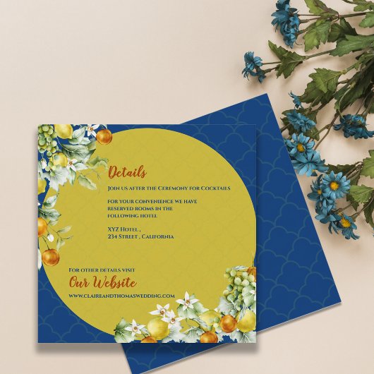 Elegant Blue Gold Citrus Floral Wedding Details Begleitkarte