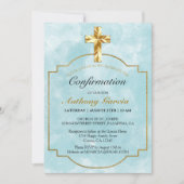Elegant Blue Gold Cross Boys Bestätigung Einladung (Vorderseite)