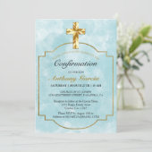 Elegant Blue Gold Cross Boys Bestätigung Einladung (Stehend Vorderseite)