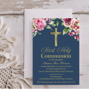 Elegant Blue Gold Cross First Communion Girl/Boy Einladung