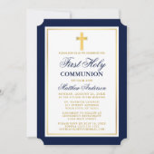 Elegant Blue Gold Cross First Holy Communion Einladung (Vorderseite)