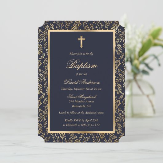 Elegant Blue Gold Cross Greenerity Boy Baptism Einladung (Stehend Vorderseite)