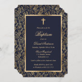 Elegant Blue Gold Cross Greenerity Boy Baptism Einladung (Vorne/Hinten)
