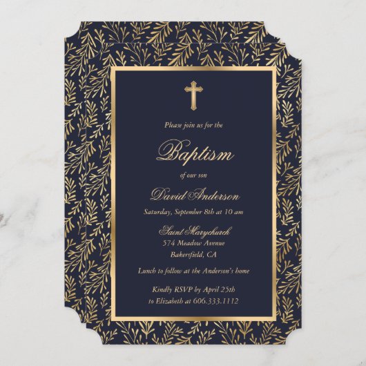 Elegant Blue Gold Cross Greenerity Boy Baptism Einladung (Vorne/Hinten)
