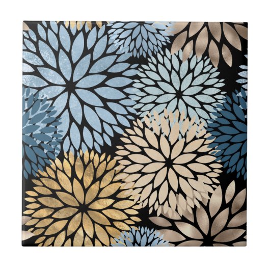 Elegant Blue Gold Dahlia Fliese (Vorderseite)